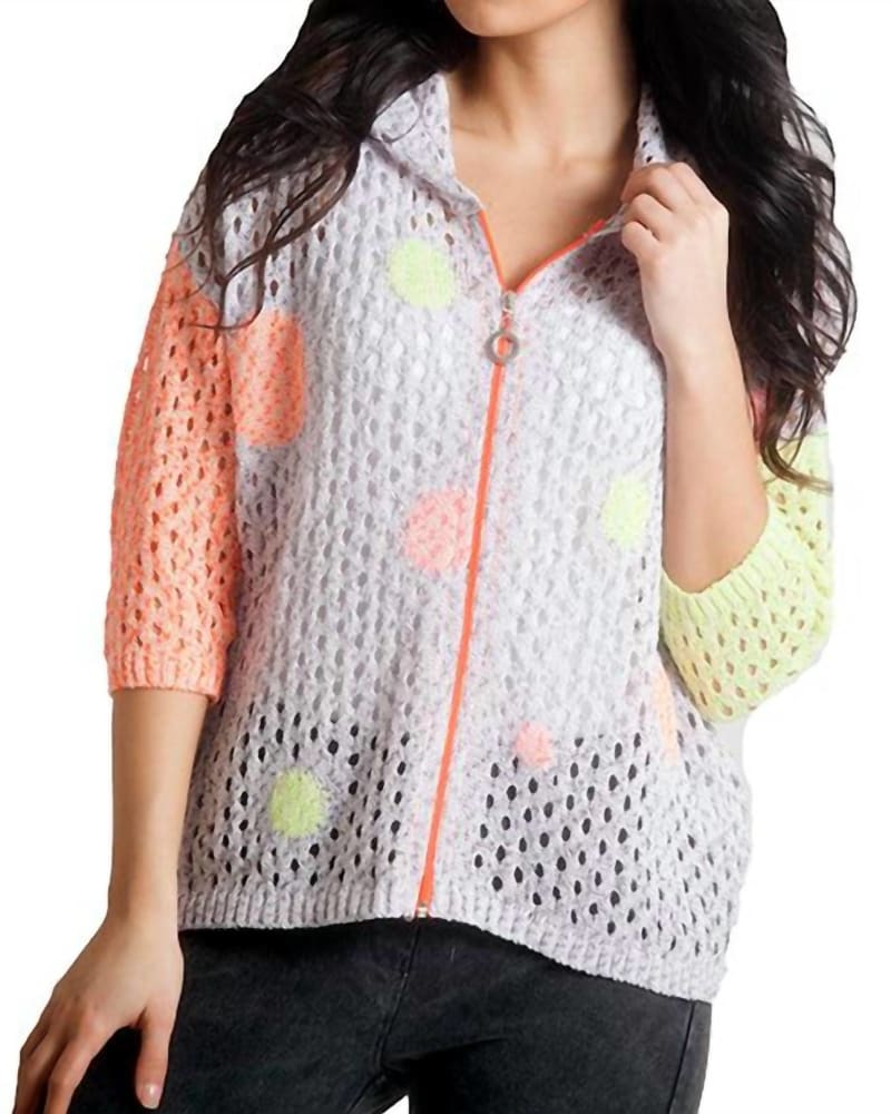 Front of a model wearing a size XL Daisy Bubbles Crochet Zip Cardigan in Slate Multi in Slate Multi by french kyss. | dia_product_style_image_id:327440